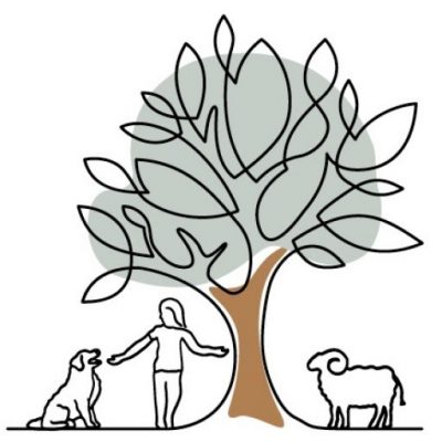 Das Bild zeigt das Logo der Internetseite Hof-Naturverbunden. Einen Baum in oneline Art gemalt, verbunden mit einem Schaf, einem Menschen und einem Hund.
